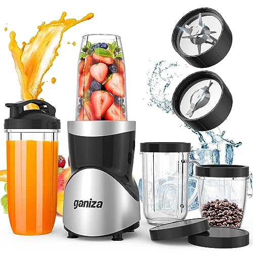 Ganiza Smoothie Blender, 900W Blenders for Shakes and Smoothies, 15-Piece Personal Blender and Grinder Combo for Kitchen, Smoothies Maker with 4 BPA-Free Portable Cup, Nutritious Recipe