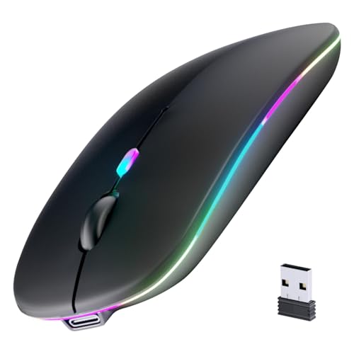 Wireless Bluetooth Mouse, Rechargeable, LED, Silent, Ultra-thin Design (Bluetooth 5.2 and 2.4GHz USB Receiver) | Portable Computer Mouse for Laptops, iPads, MacBooks and Apple Devices (Black)